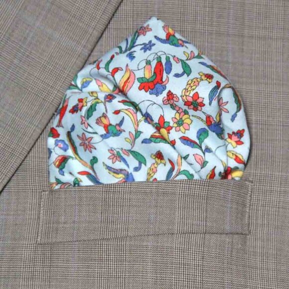 New Hand Stitched Cotton Pocket Square Flora & Fauna Birds Floral Men's - Picture 1 of 3